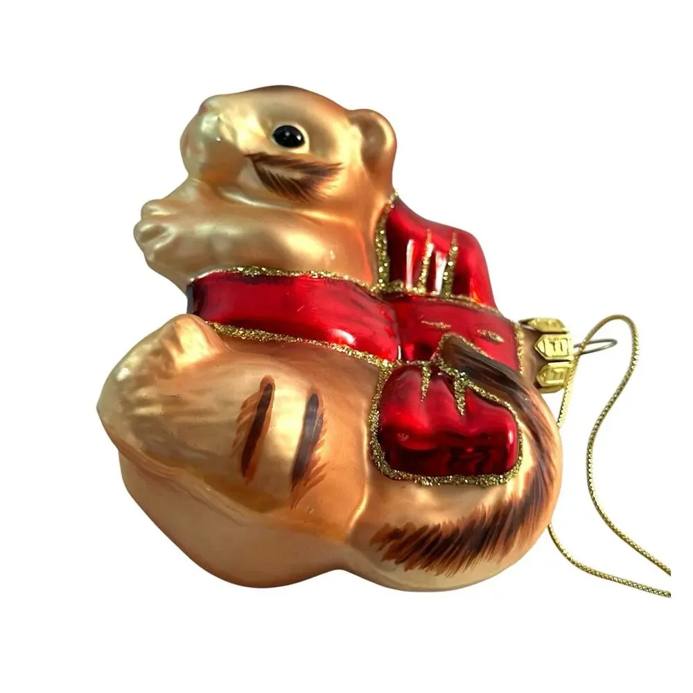 Glass Squirrel Christmas Ornament Red Bow Gold Glitter Woodland 3.5”